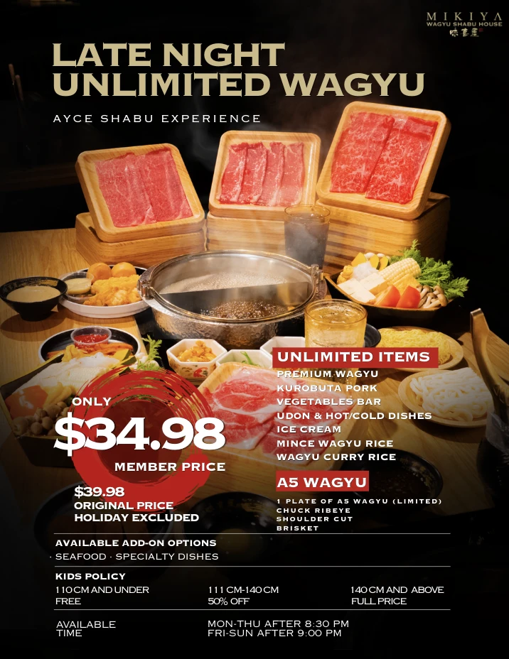 Late Night Unlimited Wagyu at MIKIYA Seattle, $34.98 member price