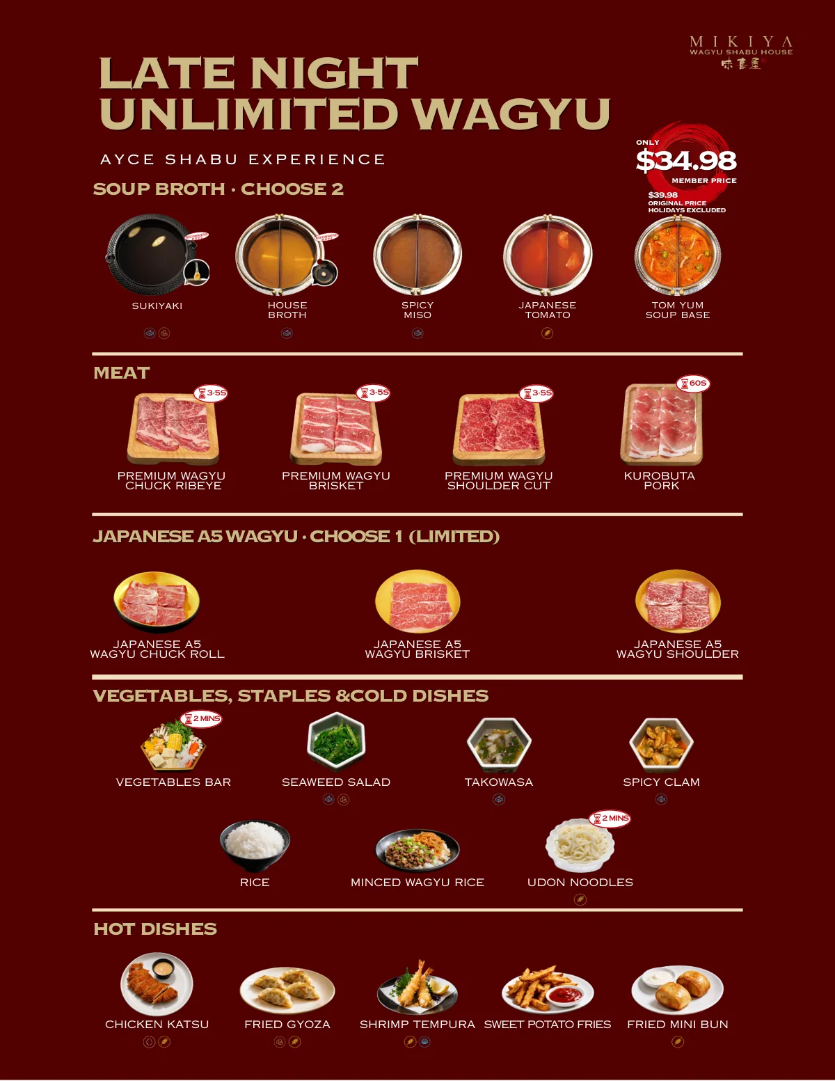 Late Night Unlimited Wagyu menu — soup broths, wagyu, A5 wagyu, vegetables and hot dishes